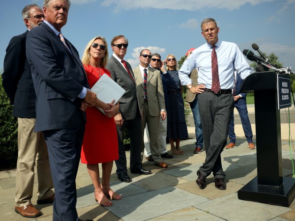 WASHINGTON, DC - AUGUST 23:  U.S. Rep. Scott Perry (R-PA) (R), joined by members of the House Freedom Caucus, speaks at a news conference on the infrastructure bill outside the Capitol Building on August 23, 2021 in Washington, DC. The group criticized the bill for being too expensive and for supporting special interests. (Photo by Kevin Dietsch/Getty Images)