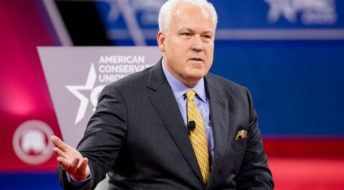 NATIONAL HARBOR, MD - FEBRUARY 28: Matt Schlapp (L), Chairman of the American Conservative Union, hosts a conversation with Laura Trump (not pictured), President Donald Trumps daughter in-law and member of his 2020 reelection campaign, and Brad Parscale (not pictured), campaign manager for Trump's 2020 reelection campaign, during the Conservative Political Action Conference 2020 (CPAC) hosted by the American Conservative Union on February 28, 2020 in National Harbor, MD. (Photo by Samuel Corum/Getty Images) *** Local Caption *** Matt Schlapp