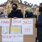 Finnish people and Ukrainians living in Finland protest against the Russian invasion in Ukraine and in solidarity with the Ukrainian people, in the centre of Tampere, Finland on Thursday, February 24th, 2022. (Photo by Tiago Mazza Chiaravalloti/NurPhoto)