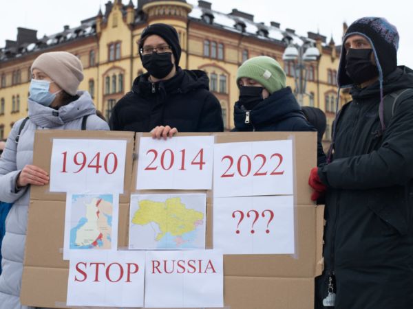 Finnish people and Ukrainians living in Finland protest against the Russian invasion in Ukraine and in solidarity with the Ukrainian people, in the centre of Tampere, Finland on Thursday, February 24th, 2022. (Photo by Tiago Mazza Chiaravalloti/NurPhoto)