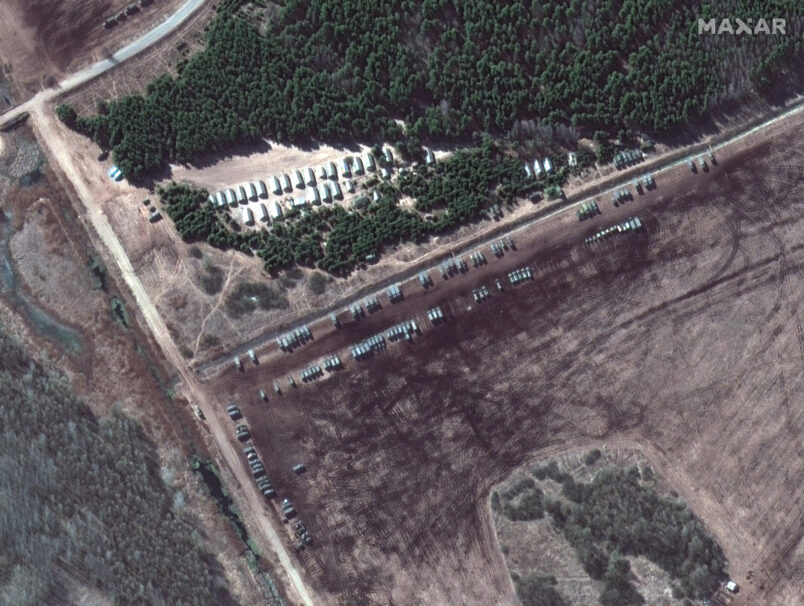 RUSSIANS INVADE UKRAINE -- MARCH 18, 2022:  16 Maxar satellite imagery closer view of troop tents and equipment in Dublin, Belarus.  18march2022_ge1.  Please use: Satellite image (c) 2022 Maxar Technologies.