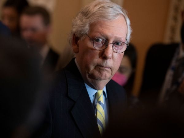 UNITED STATES - APRIL 5: Senate Minority Leader Mitch McConnell, R-Ky., conducts a news conference after the senate luncheons in the U.S. Capitol on Tuesday, April 5, 2022. (Tom Williams/CQ Roll Call)