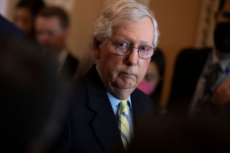 UNITED STATES - APRIL 5: Senate Minority Leader Mitch McConnell, R-Ky., conducts a news conference after the senate luncheons in the U.S. Capitol on Tuesday, April 5, 2022. (Tom Williams/CQ Roll Call)