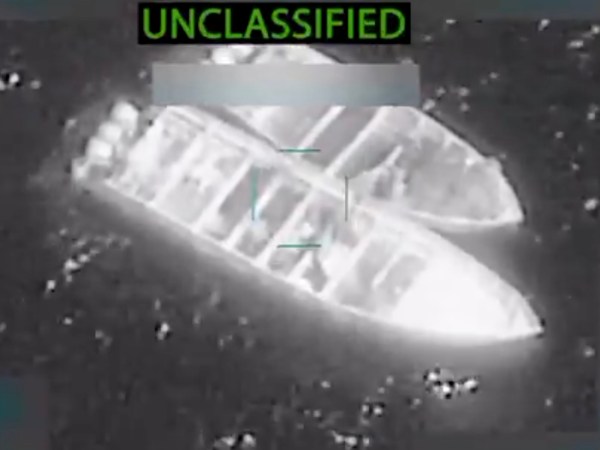Screenshot of video released by Defense Secretary Pete Hegseth of one of the Sept. 27, 2025 U.S. attacks on alleged drug-smuggling boats
