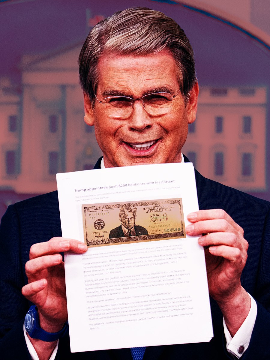 Bessent Forced to Defend Treasury’s Prep Work for a $250 Bill With Trump’s Face On It
